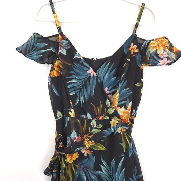 By & By Dress Faux Wrap Women 9 Black Floral High-Low Lined Cold Shoulder Belted - Picture 8 of 13